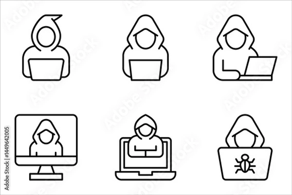 Fototapeta Cyber crime icon set. Cyber hackers attacks on computers, vector illustration on white background