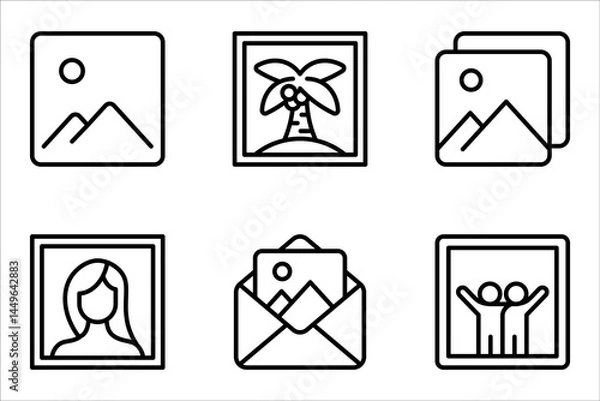 Fototapeta Set of pictures linear icon. Digital photo library. Multimedia management. vector illustration on white background