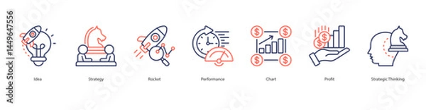 Obraz Strategic Growth icon sheet vector illustration idea, strategy, rocket, performance, chart, profit, strategic thinking