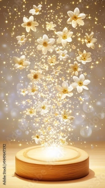Fototapeta Podium chamomile skincare. Glowing white flowers and golden sparkles magically rise from a round wooden platform against a warm, dreamy background.