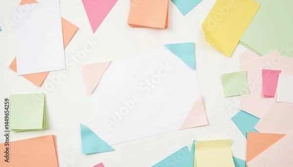 Obraz a top down view of a creative workspace featuring a scattered collection of paper sheets, sticky notes, and empty photo frames