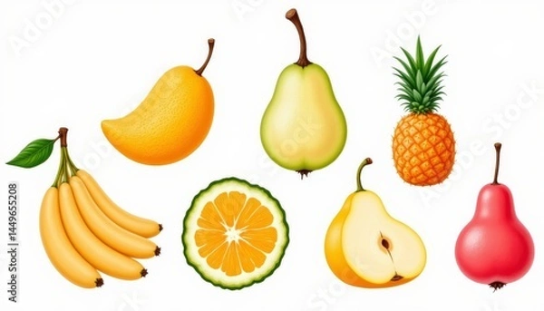 Fototapeta a beautifully arranged composition of tropical fruits, each drawn in a whimsical, slightly stylized hand drawn manner