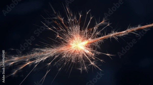 Fototapeta Close-up of a burning sparkler against a dark background, showcasing its bright, fiery sparks.