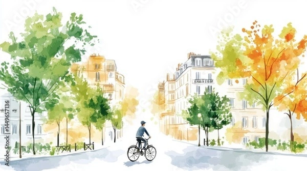 Obraz Person Cycling on a Tree Lined Street, Watercolor Painting