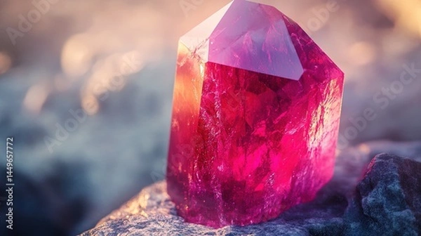 Fototapeta A single red beryl crystal with a deep red color and a vitreous luster. The crystal is hexagonal in shape, with smooth surfaces and sharp edges. The background is soft