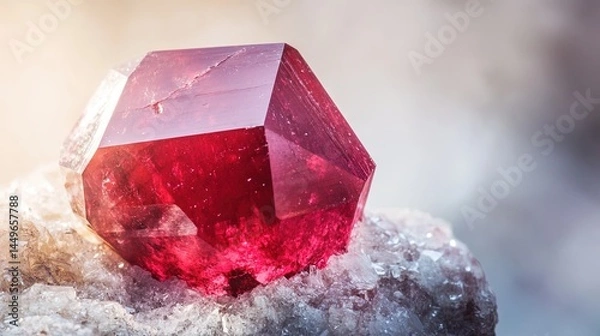 Obraz A single red beryl crystal with a deep red color and a vitreous luster. The crystal is hexagonal in shape, with smooth surfaces and sharp edges. The background is soft
