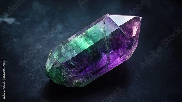 Fototapeta A single musgravite crystal with a green to purple color and a vitreous luster. The crystal is hexagonal in shape, with smooth surfaces and sharp edges. The background is dark