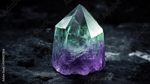 Fototapeta A single musgravite crystal with a green to purple color and a vitreous luster. The crystal is hexagonal in shape, with smooth surfaces and sharp edges. The background is dark