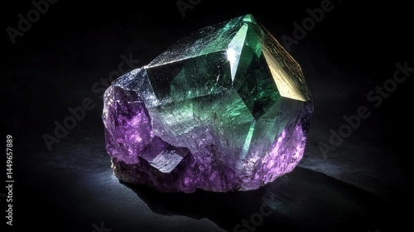 Fototapeta A single musgravite crystal with a green to purple color and a vitreous luster. The crystal is hexagonal in shape, with smooth surfaces and sharp edges. The background is dark