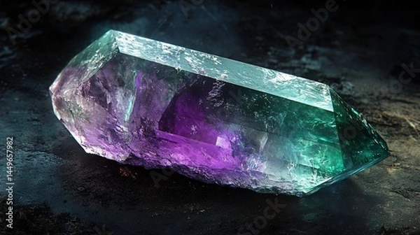Fototapeta A single musgravite crystal with a green to purple color and a vitreous luster. The crystal is hexagonal in shape, with smooth surfaces and sharp edges. The background is dark