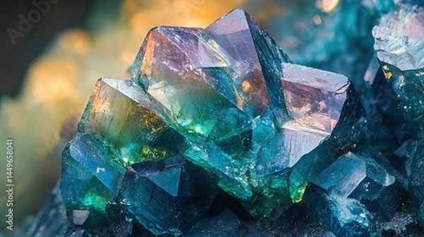Fototapeta A single allophane mineral with a blue to green color and a vitreous luster. The mineral has an amorphous structure, with smooth surfaces and fine particles. The background is soft