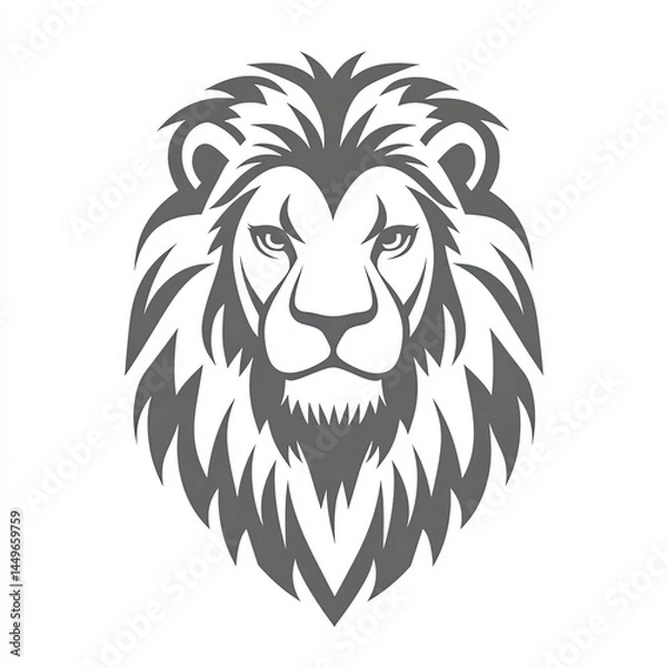 Fototapeta Lion vector icon, simple line art, gray color on a white background, one thin stroke for the lion's body and mane, no details in the front view. 