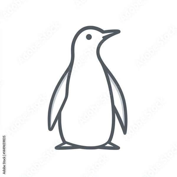 Fototapeta Penguin vector icon, simple line art, gray color on a white background, one thin stroke for the penguin's body and beak, no details in the front view. 