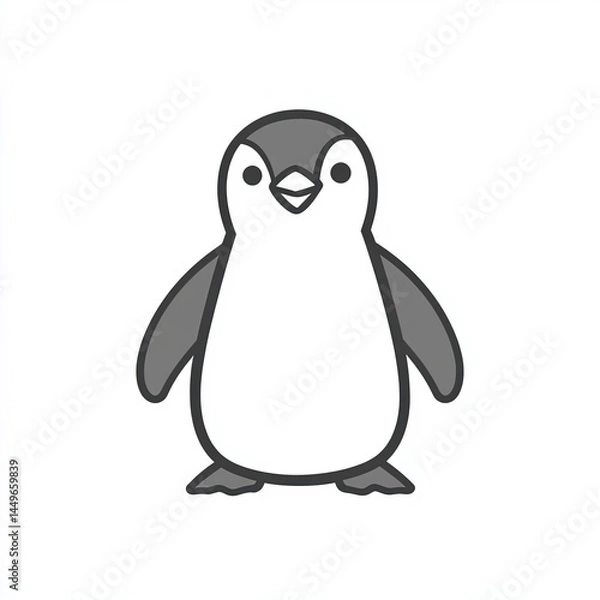 Fototapeta Penguin vector icon, simple line art, gray color on a white background, one thin stroke for the penguin's body and beak, no details in the front view. 
