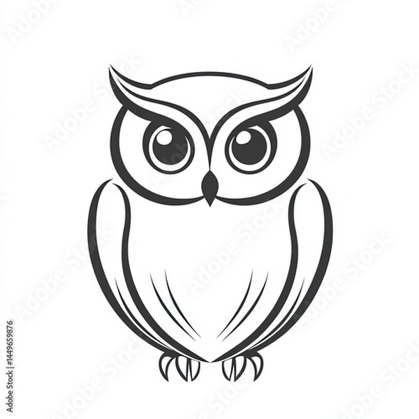 Fototapeta Owl vector icon, simple line art, gray color on a white background, one thin stroke for the owl's body and wings, no details in the front view.