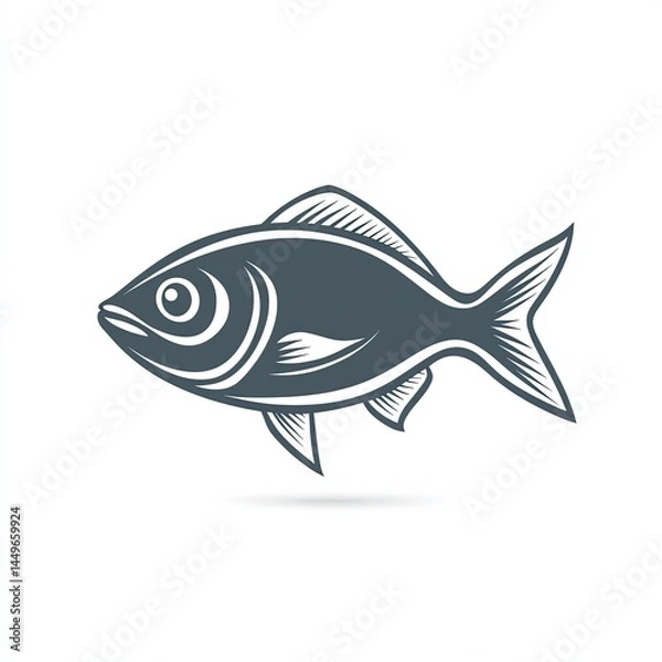 Obraz Fish vector icon, simple line art, gray color on a white background, one thin stroke for the fish's body and fins, no details in the front view. 