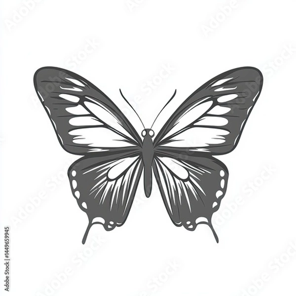 Fototapeta Butterfly vector icon, simple line art, gray color on a white background, one thin stroke for the butterfly's wings and body, no details in the front view. 