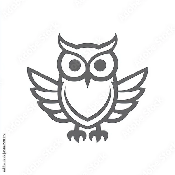 Fototapeta Owl vector icon, simple line art, gray color on a white background, one thin stroke for the owl's body and wings, no details in the front view.