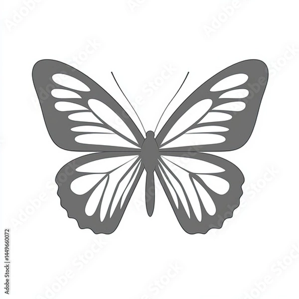 Fototapeta Butterfly vector icon, simple line art, gray color on a white background, one thin stroke for the butterfly's wings and body, no details in the front view. 