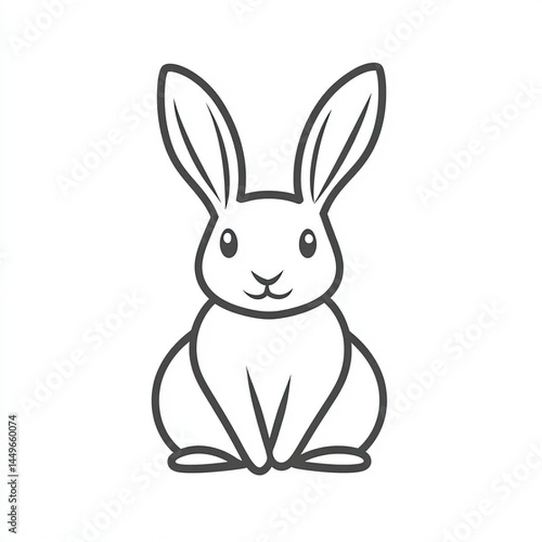 Fototapeta Rabbit vector icon, simple line art, gray color on a white background, one thin stroke for the rabbit's body and ears, no details in the front view. 
