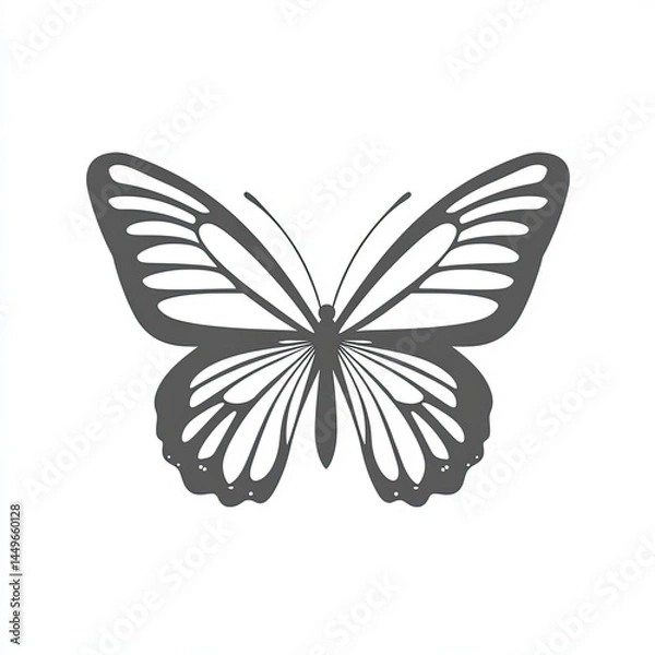 Fototapeta Butterfly vector icon, simple line art, gray color on a white background, one thin stroke for the butterfly's wings and body, no details in the front view. 