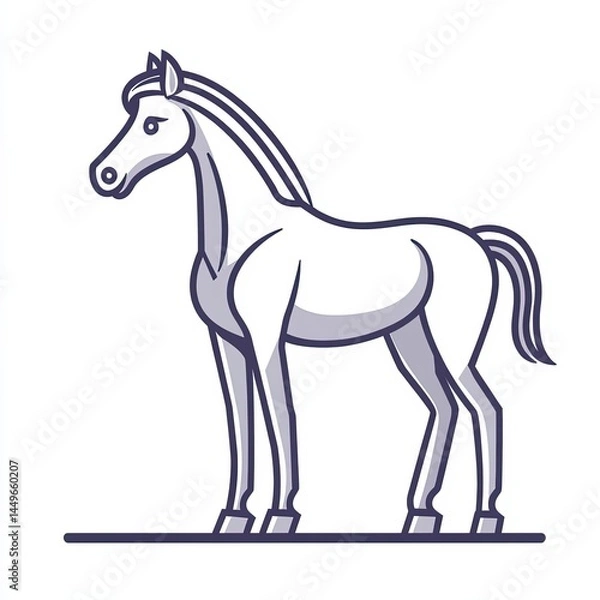 Fototapeta Horse vector icon, simple line art, gray color on a white background, one thin stroke for the horse's body and mane, no details in the front view.
