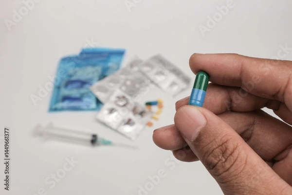 Fototapeta Close-up of a hand holding a single tablet with blurred medical supplies in the background