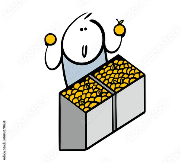 Fototapeta Doodle man in the market stands behind a counter and sells vegetables and fruits. Vector illustration of cartoon vendor and a mountain of oranges, apples, tangerines.