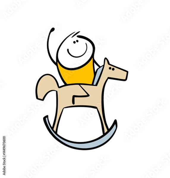 Fototapeta Hand drawn happy child is playing at being a horseman and riding a horse. Vector doodle wooden animal toy. Cartoon favorite game.