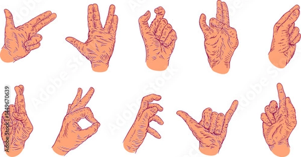 Fototapeta Hand drawn color silhouettes hands in retro style. Set different gestures isolated on white background. Batch flat design concept. Modern vector retro illustrations with arm.