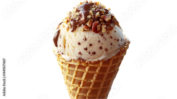 Fototapeta Vanilla Ice Cream Cone with Pecans and Chocolate Drizzle