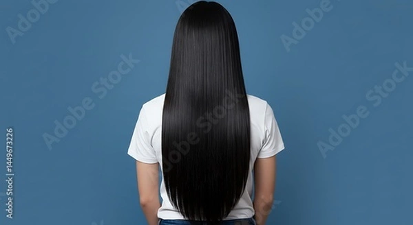 Fototapeta Back View of a Person with Long, Shiny Black Hair Against a Blue Background