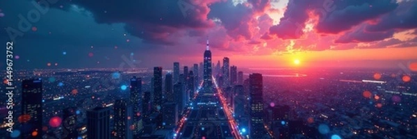 Fototapeta Digital blue dots background with futuristic cityscape at sunset, digital art, night sky, digital painting