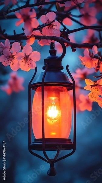 Obraz A vintage red glass lantern casts a warm light in the dark night garden