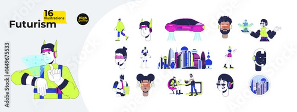 Obraz Futurism and sci-fi technology cartoon flat illustrations mega bundle. Scifi wearable, hologram, flying car, cybernetics, robots 2D images isolated on white. Collection vector drawings colorful