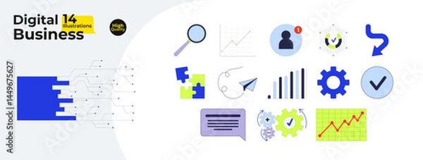 Fototapeta Digital business tools and process optimization cartoon flat illustrations mega bundle. Workflow, analytics, data automation 2D images isolated on white. Collection vector drawings colorful