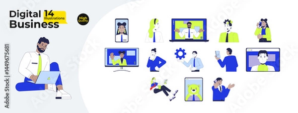 Obraz Digital business communication and remote work cartoon flat illustrations mega bundle. Virtual meetings, video call. Diverse employees 2D images isolated on white. Collection vector drawings colorful