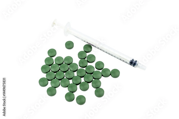 Fototapeta Medical injection with a needle and various pills for health care, isolated on white