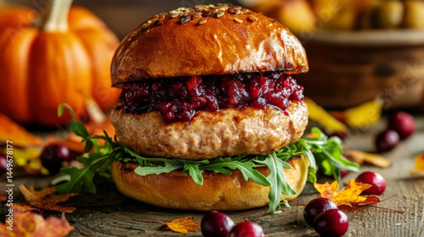 Fototapeta Turkey burger with cranberry sauce and arugula