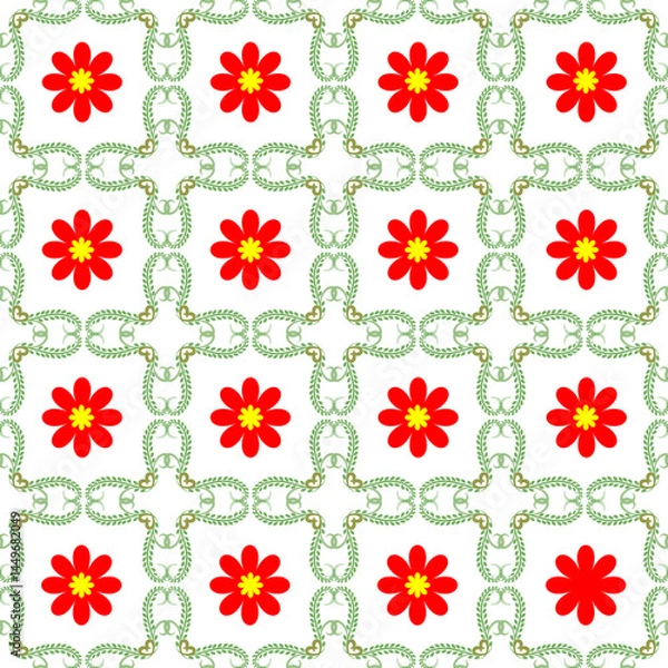 Fototapeta Abstract pattern with red flower on green square