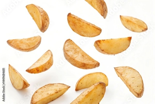 Fototapeta Floating Potato Wedges on White Background