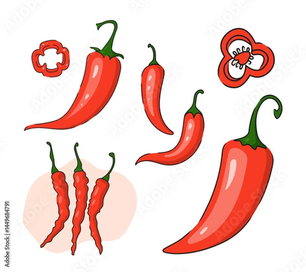 Fototapeta Chili hot pepper icon set. Red Chilli cayenne peppers. Flat design. White background. Isolated. Vector illustration