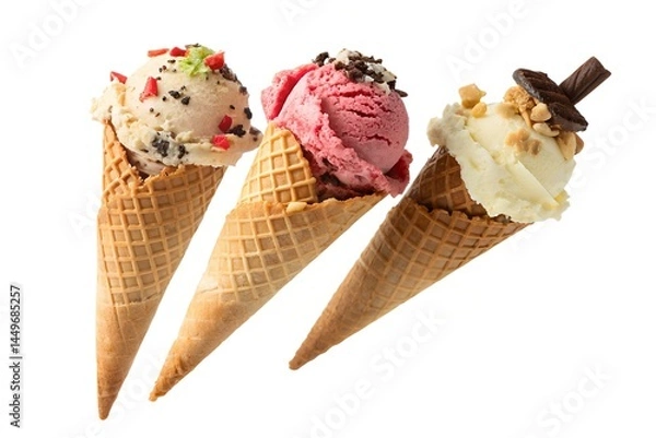 Fototapeta Ice Cream Cones with Strawberry, Vanilla, and Chocolate Flavors