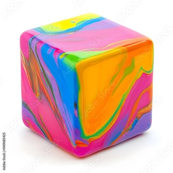 Obraz A vibrant, multicolored cube with a swirling, marbled paint effect.