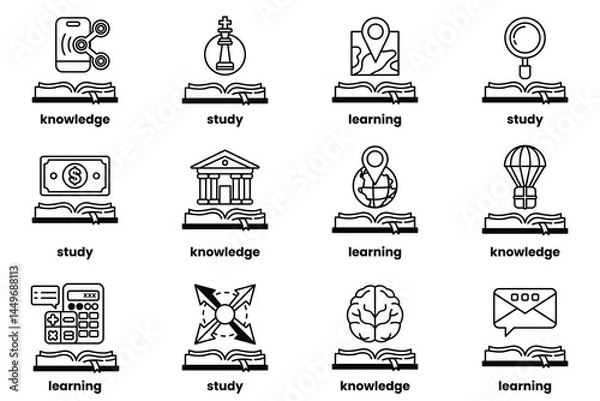 Fototapeta Set of illustrations in the concept of Books and knowledge in a line style