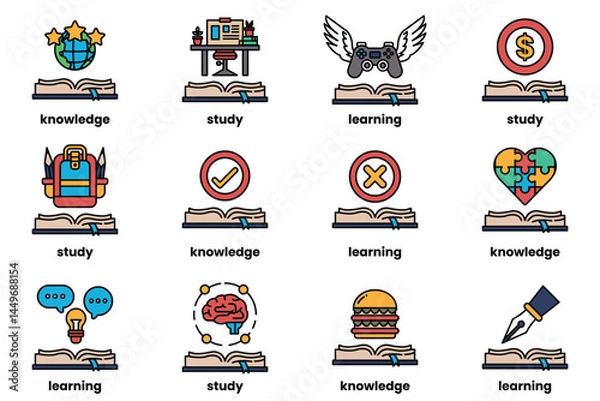 Fototapeta Set of illustrations in the concept of Books and knowledge in a line style