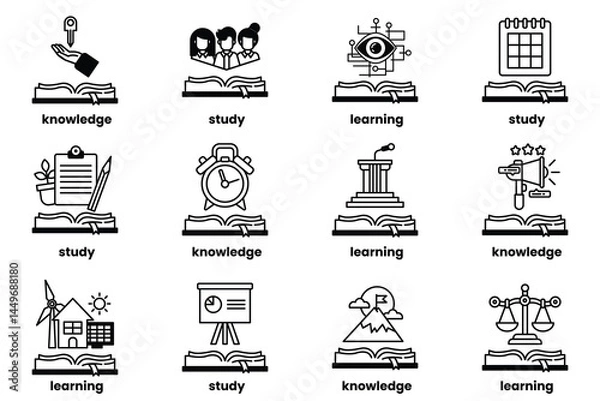Fototapeta Set of illustrations in the concept of Books and knowledge in a line style