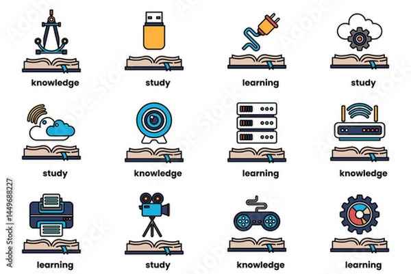Fototapeta Set of illustrations in the concept of Books and knowledge in a line style