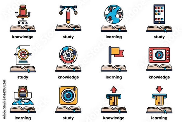 Fototapeta Set of illustrations in the concept of Books and knowledge in a line style