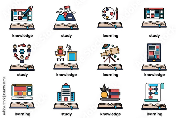 Fototapeta Set of illustrations in the concept of Books and knowledge in a line style